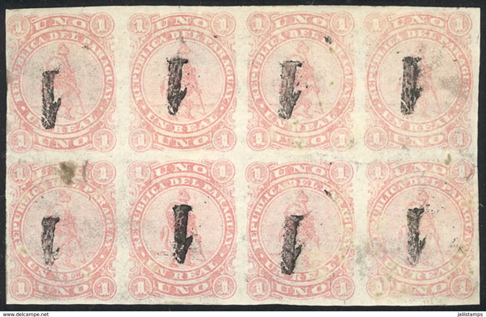 PARAGUAY: Yv.17, 1884 Provisional 1 On 1R. With Handstamped Overprint Applied In Asunción, Spectacular Block Of 8 With I - Paraguay