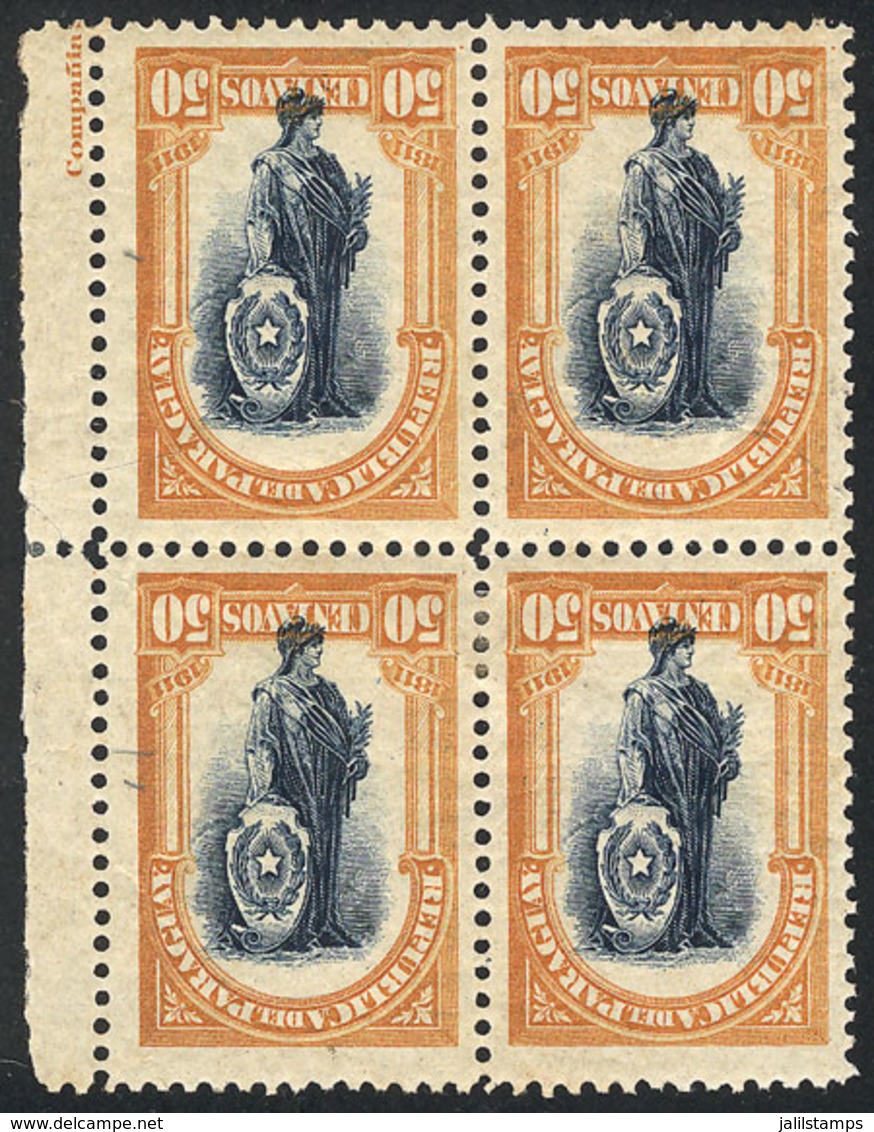 PARAGUAY: Yv.197, 1911 Centenary Of Independence 50c., ESSAY In Orange And Steel Blue, Block Of 4 With CENTER INVERTED,  - Paraguay
