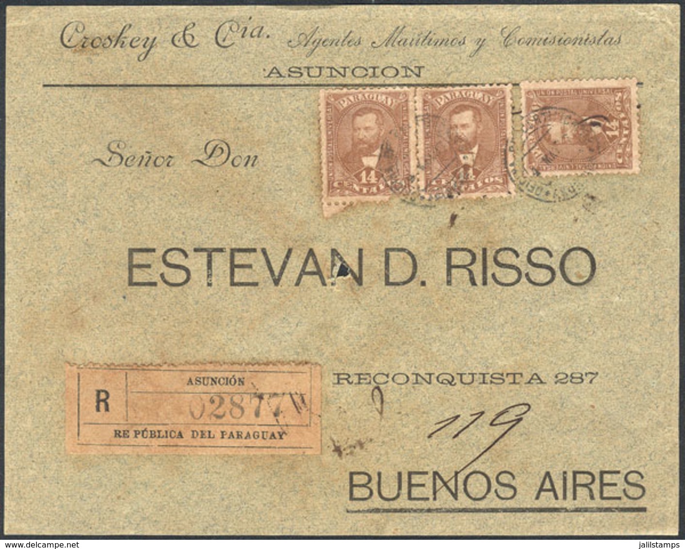 PARAGUAY: Front Of A Registered Cover Franked With 42c. (14c. X 3), Sent From Asunción To Buenos Aires On 4/MAY/1897, Ve - Paraguay