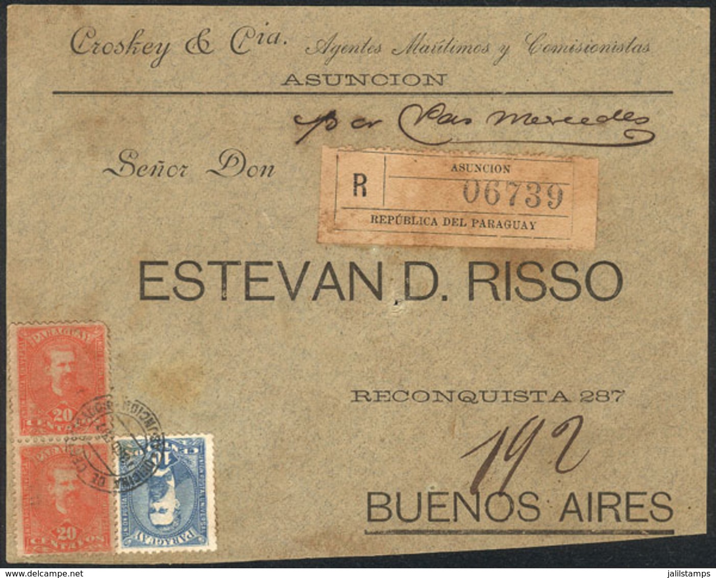 PARAGUAY: Front Of A Registered Cover Franked With 50c., Sent To Buenos Aires On 13/OC/1897, Very Nice! - Paraguay