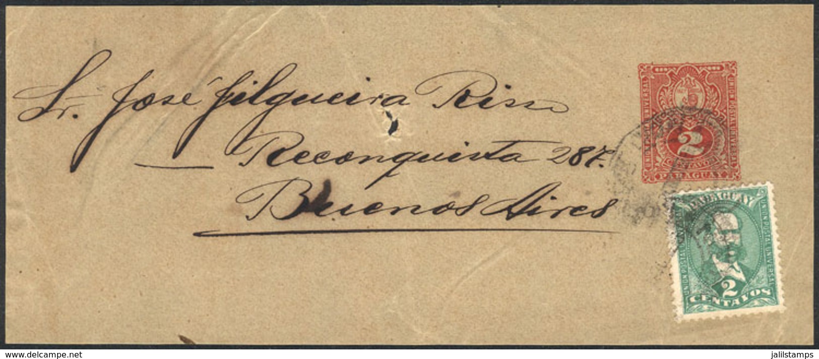 PARAGUAY: Front Of A 2c. Wrapper + 2c. Additional Postage, Sent To Buenos Aires (circa 1897), VF And Rare! - Paraguay