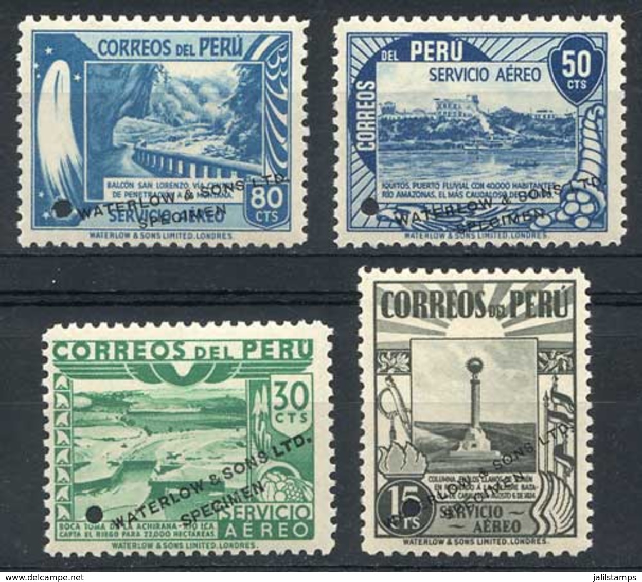 PERU: Yvert 50 + 51 + 54 + 56, All With Little Punch Cancel And Overprinted "WATERLOW & SONS - SPECIMEN", Excellent Qual - Peru