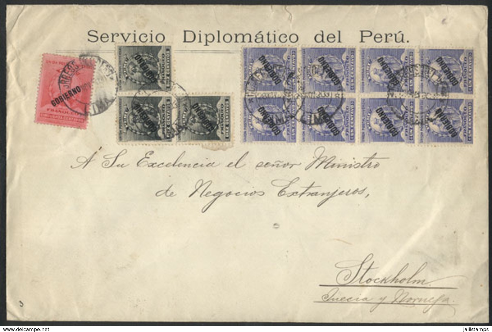 PERU: 20/NO/1903 Lima - Sotckholm (Sweden), OFFICIAL Cover With Postage Paying The Quadruple Rate (88 Cents), Franked By - Peru