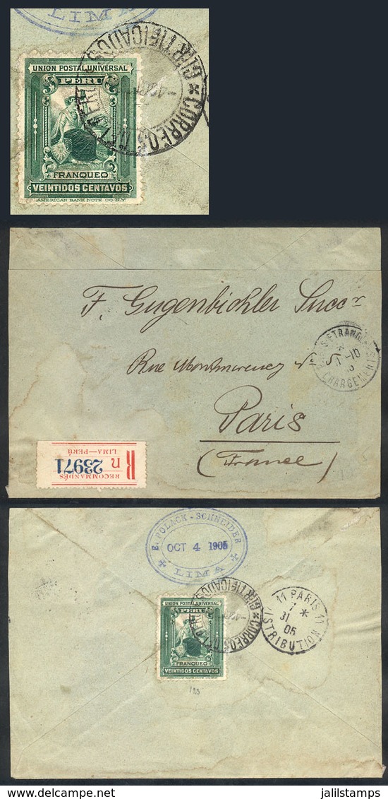 PERU: 4/OC/1905 Lima - France, Registered Cover Franked On Back With 22c. (Sc.164) Corresponding To 12c. Rating Via Pana - Peru