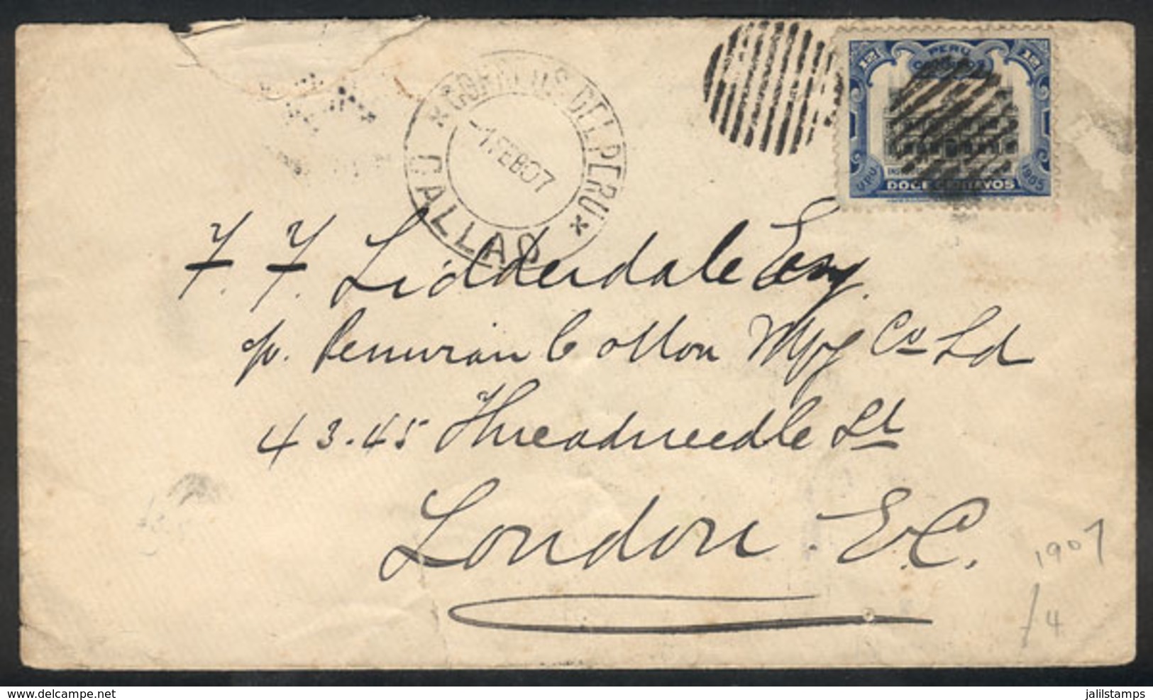 PERU: 1/FE/1907 Callao - London, Cover Franked With 12c. (Sc.165), And Arrival Backstamp, Minor Faults, Very Fine Appear - Peru