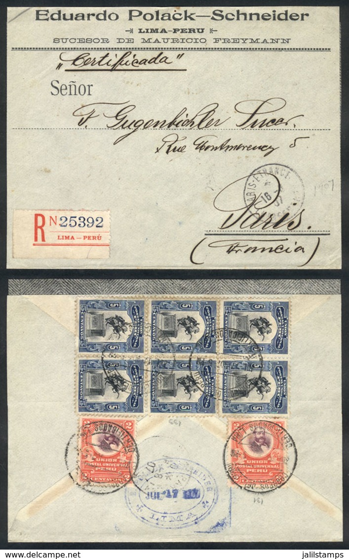 PERU: 17/JUL/1907 Lima - Paris, Registered Cover Franked With 34c. (double Rate Of 12c. + 10c. For Registration), Open O - Peru