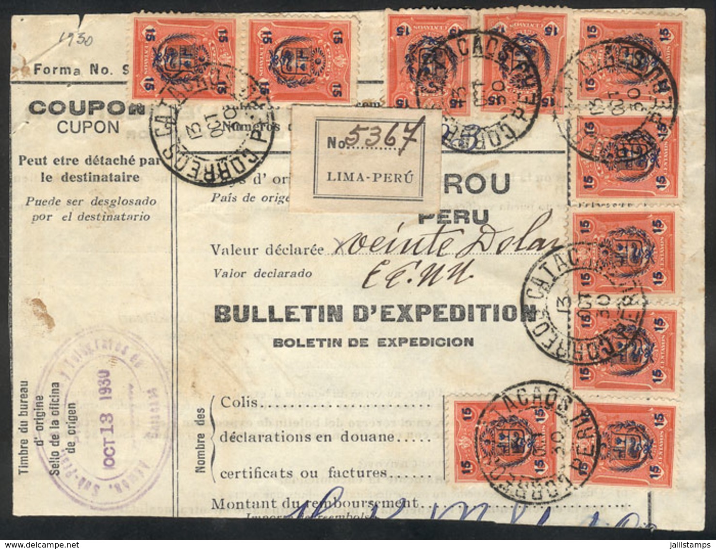 PERU: Large Part Of A Dispatch Note For A Parcel Post Sent From Catacaos To USA On 15/OC/1930 With Handsome Postage Of S - Peru