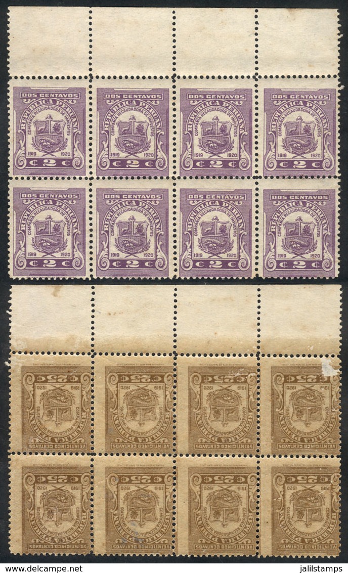 PERU: 2c. Revenue Stamp Of The Year 1920, Block Of 8 With A Second Impression On Back Of A 25c. Stamp (below The Gum), I - Peru