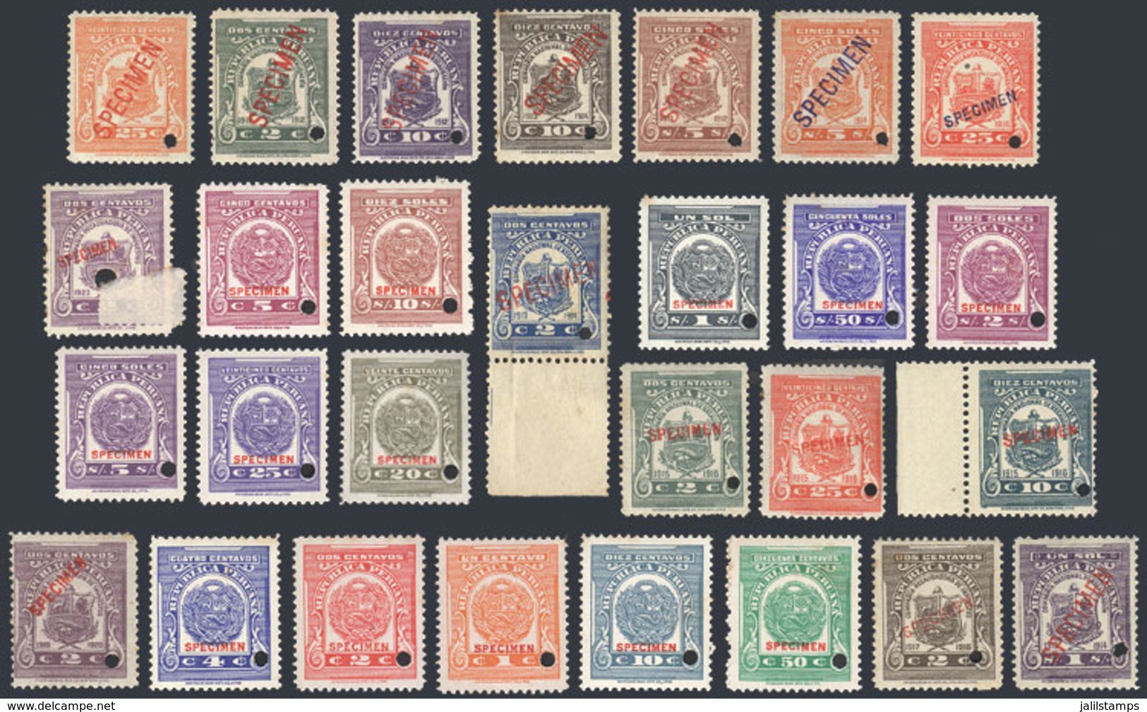 PERU: 28 Revenue Stamps With SPECIMEN Ovpt And Punch Cancel (specimens), MNH But With Light Staining On Gum (they Will N - Peru