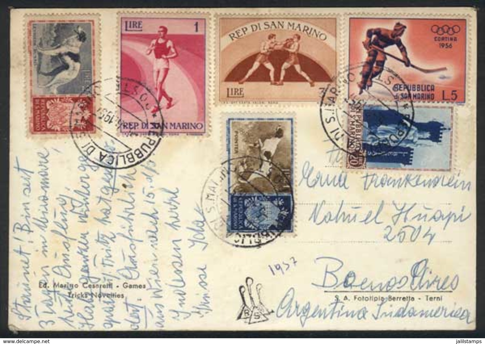 SAN MARINO: Postcard Sent To Argentina In 1957 With Nice Thematic Postage: Sport, Dogs, Boxing, VF Quality! - Sonstige & Ohne Zuordnung
