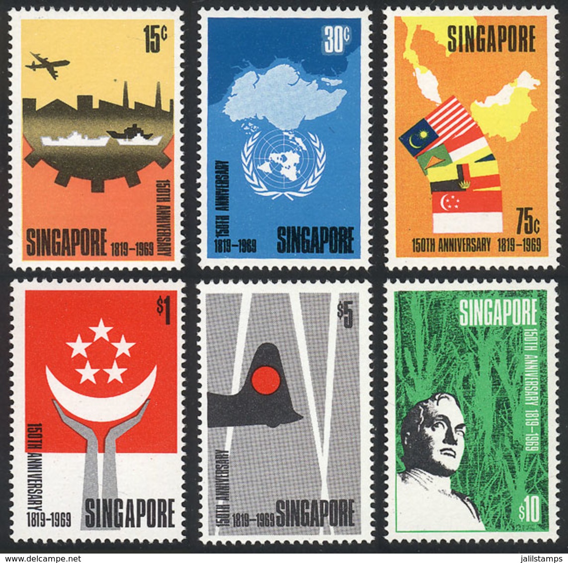 SINGAPORE: Yvert 97/102, 1969 Singapore 150 Years, Complete Set Of 6 Unmounted Values, Excellent Quality, Catalog Value  - Singapur (1959-...)