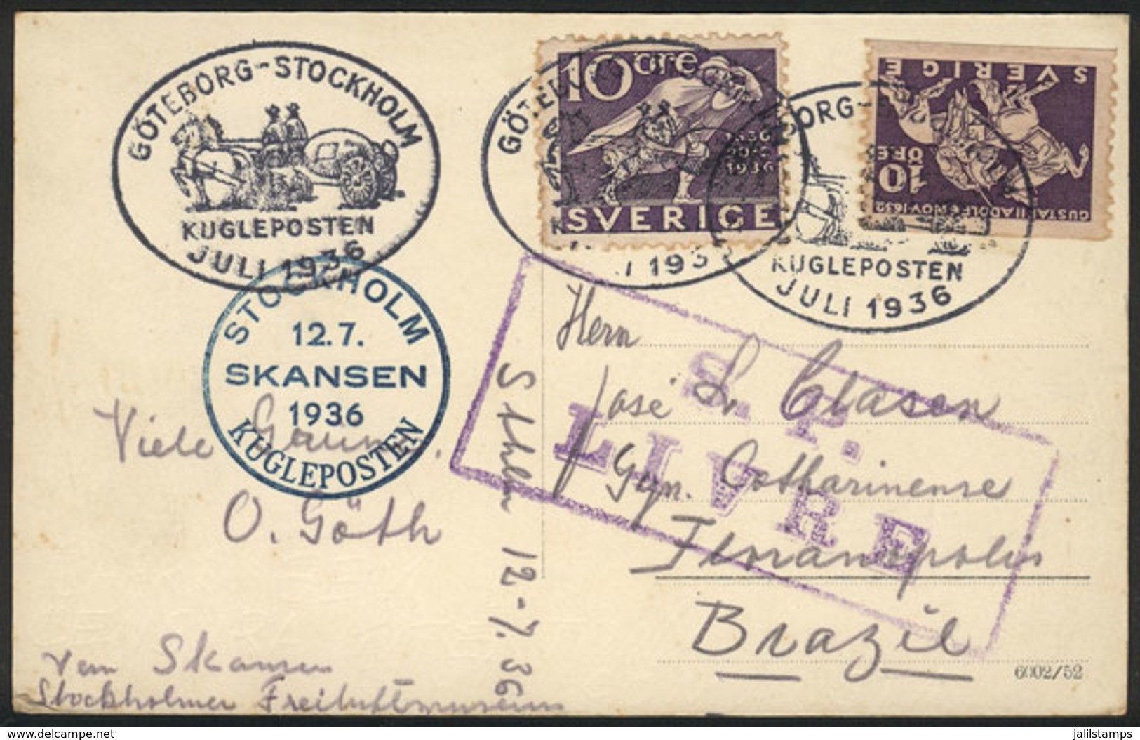 SWEDEN: Beautiful PC With Good Commemorative Postage Sent To Brazil On 12/JUL/1936, Nice Special Postmarks, VF Quality! - Other & Unclassified