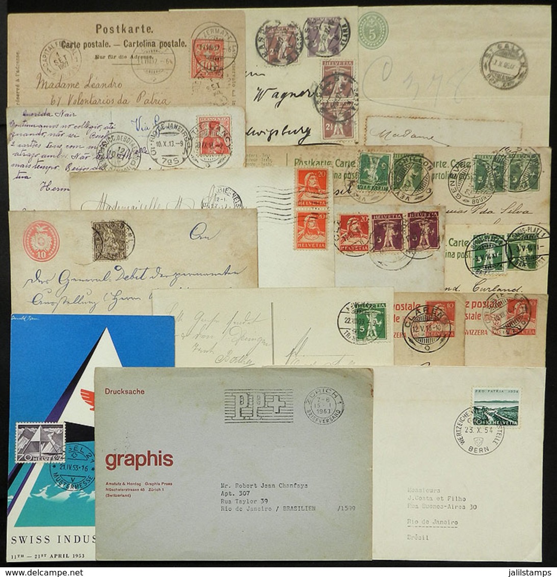 SWITZERLAND: 15 Covers / Cards / Postal Stationeries / Etc., Most Sent To Brazil Between 1906 And 1963, Very Interesting - Other & Unclassified