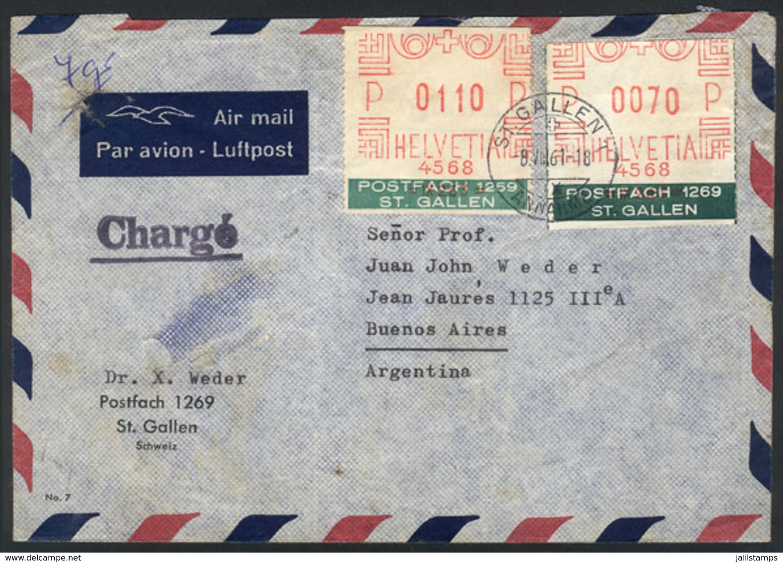 SWITZERLAND: Airmail Cover Sent From St.Gallen To Argentina On 8/AU/1961, Franked With Variable Value Stamps, VF! - Other & Unclassified