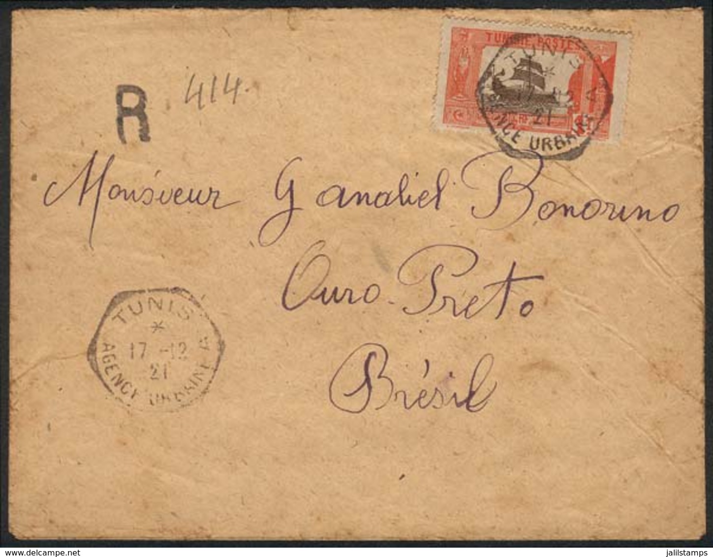 TUNISIA: Registered Cover Sent From "Tunis - Agence Urbane A" To Brazil On 17/DE/1921, Franked With 1Fr. (Sc.52) Alone,  - Tunisia
