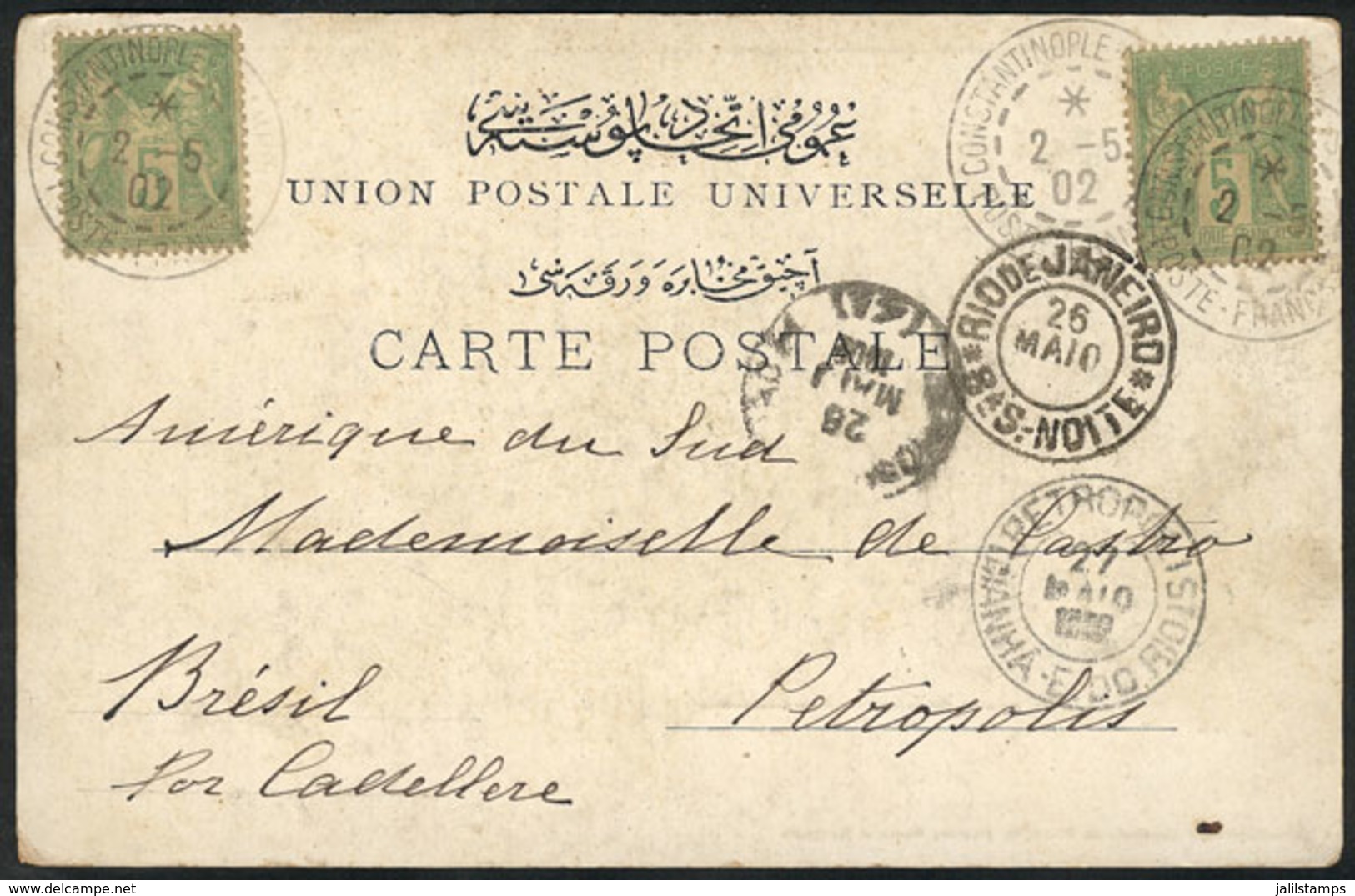 TURKEY - FRENCH OFFICES: Postcard Franked With French Stamps Of 5c. X2, Sent From Constantinople To BRAZIL On 2/MAY/1902 - Tunisia