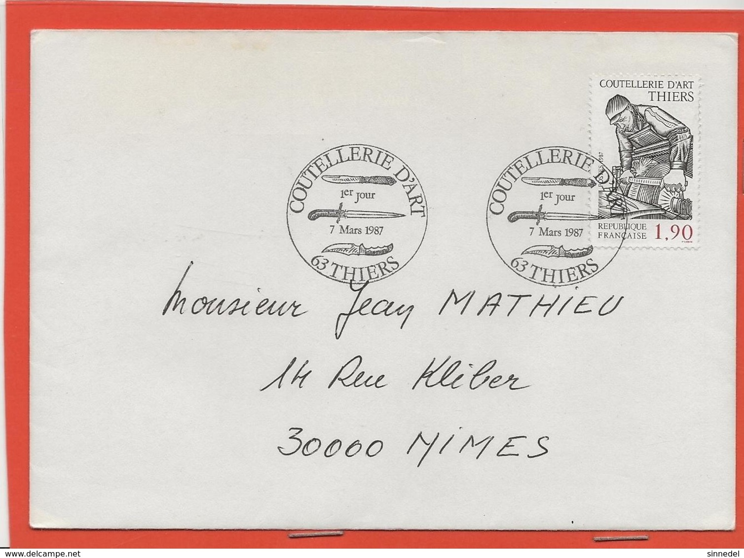 M39 COURRIER CACHET MANUEL + TIMBRE LA COUTELLERIE D ART 63 THIER 7/3/1987 - Cachets Commémoratifs