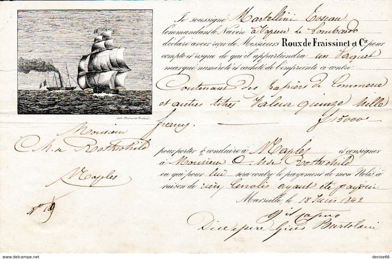 1842 - Connaissement MARSEILLE-NAPLES Pour Mr Ch. De ROTHSCHILD - Papiers De Commerce Et Titres Valeur 15.000 F - Historische Dokumente