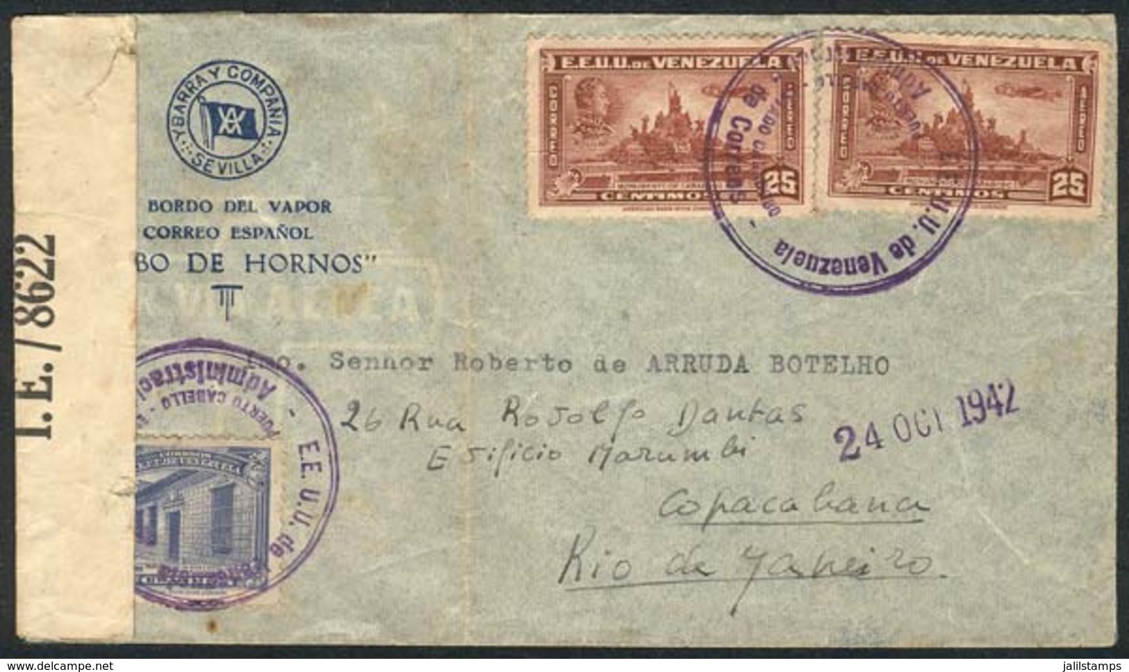 VENEZUELA: Cover Sent By A Passenger ONBOARD SPANISH MAIL STEAMER 'CABO DE HORNOS', Dispatched In Puerto Cabello By Airm - Venezuela