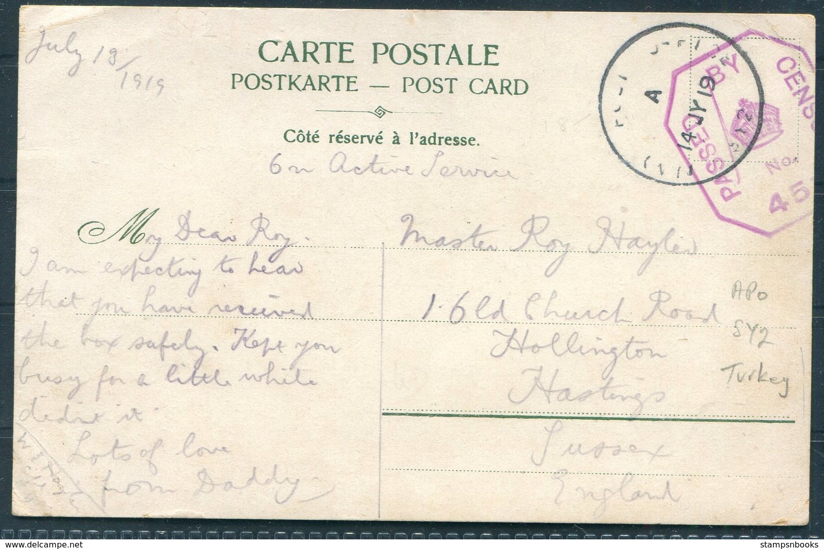 1919 GB Turkey Postcard - Hollington Hastings. O.A.S. Army Post Office SY2, Censor - Storia Postale