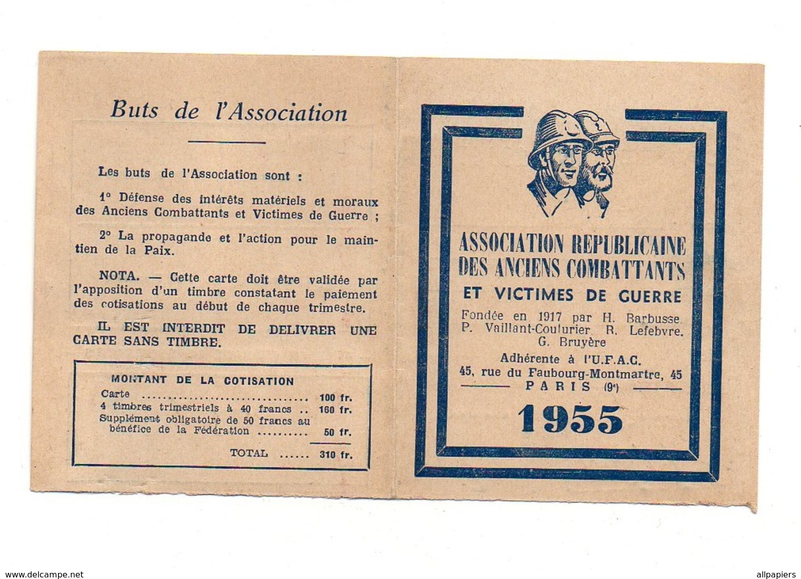Carte N°191474 Association Républicaine Des Anciens Combattants Et Victimes De Guerre En 1955 + Timbres Collés - Autres & Non Classés