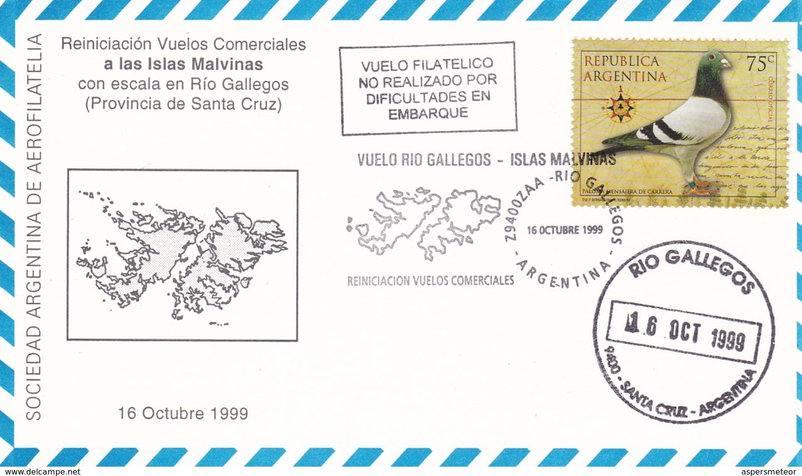 VUELO RIO GALLEGOS - ISLAS MALVINAS, REINICIACION VUELOS COMERCIALES. ARGENTINA 1999 SPC FALKLAND ISLANDS FLIGHT -LILHU - Islas Malvinas