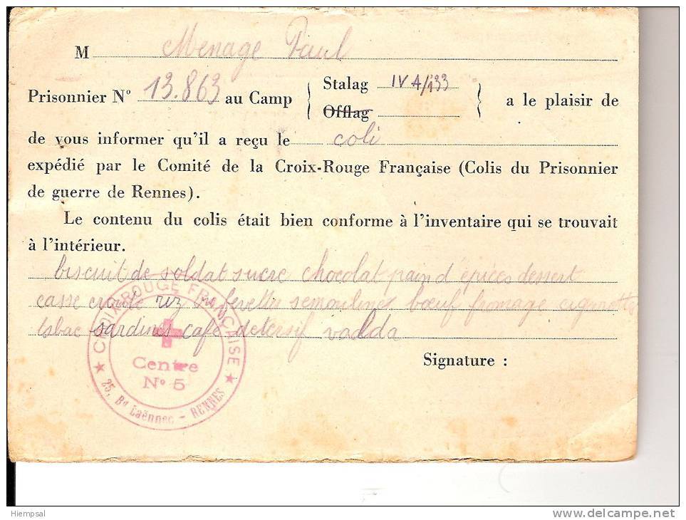 POSTE DES PRISSONIERS DE GEURRE  CROIX - ROUGE  FRANCAISE - Documents