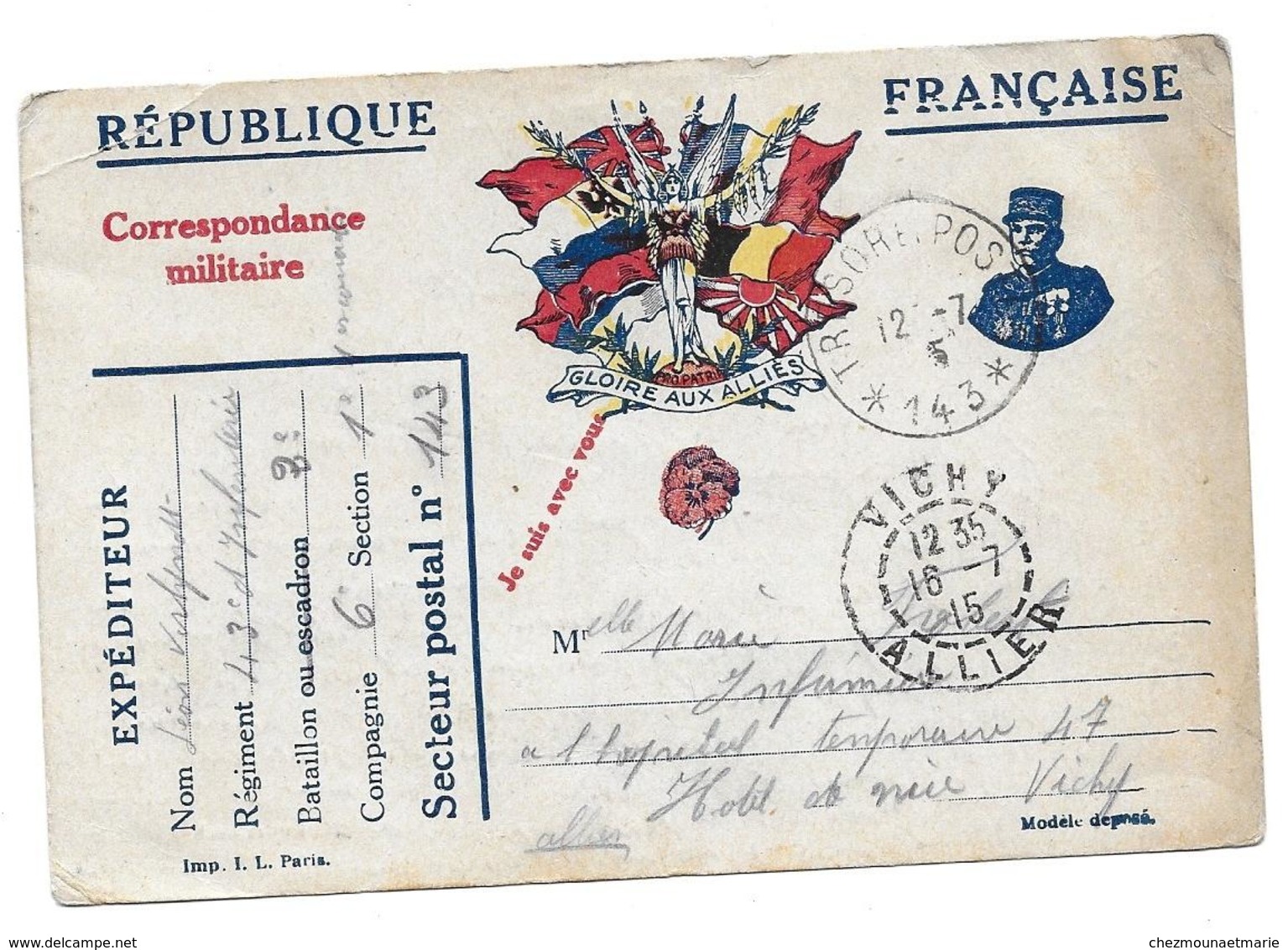 WWI LEON VERLYNDT 43 RI TRESOR ET POSTES 143 POUR HOPITAL HOTEL VICHY - CPA CORRESPONDANCE MILITAIRE - Guerre 1914-18