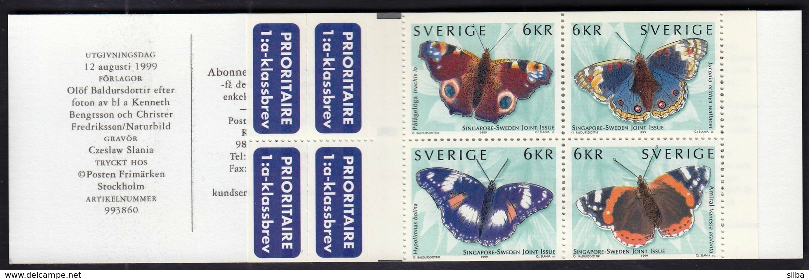 Sweden 1999 / Butterflies / MNH / Mi 2125-2128, Booklet MH 255 - Neufs