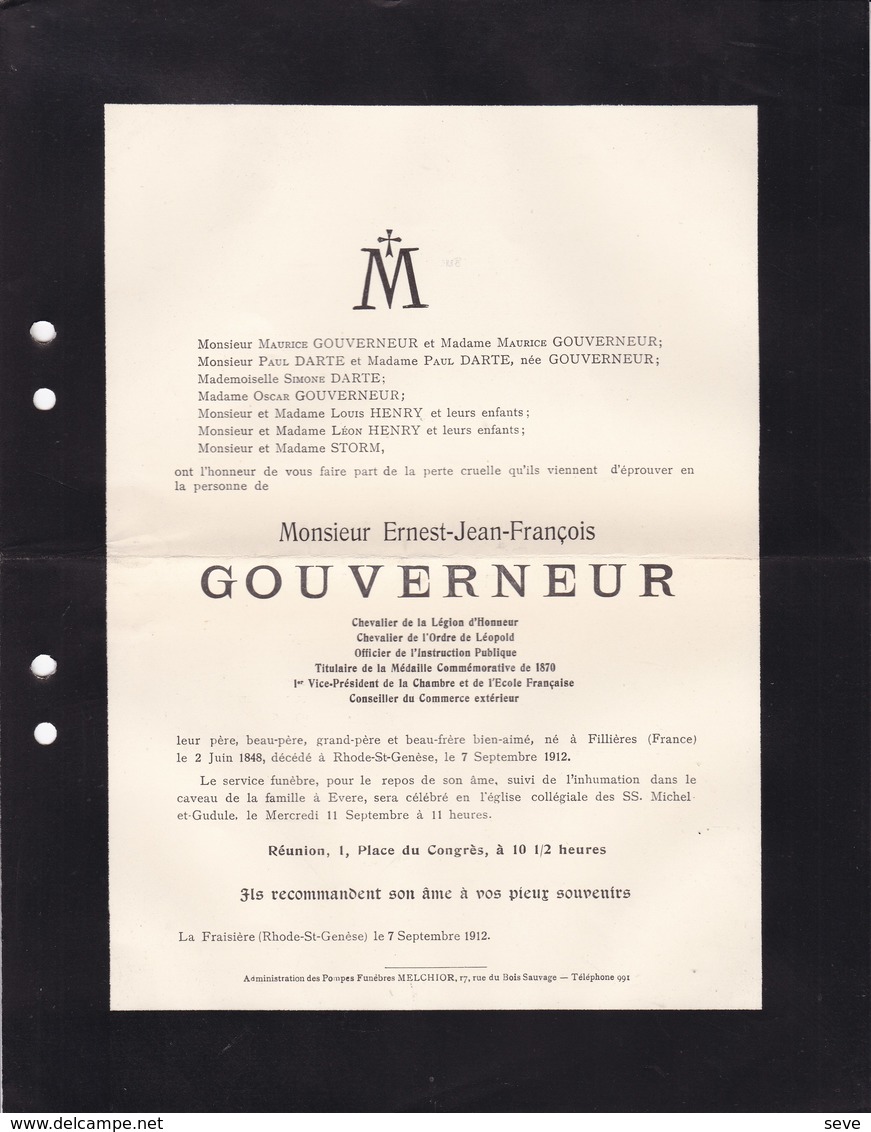 FILLIERES RHODE-SAINTE-GENESE Ernest GOUVERNEUR 1848-1912 Vice-président De L'école Française De Belgique - Décès