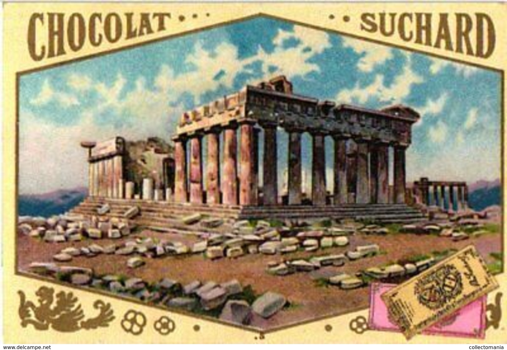 12 chromo litho cards chocolate SUCHARD set74 c1899 Litho Monuments of Antiquity; Boedha Kamekura, Pagode ning-po