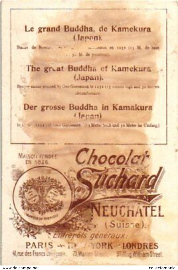 12 chromo litho cards chocolate SUCHARD set74 c1899 Litho Monuments of Antiquity; Boedha Kamekura, Pagode ning-po