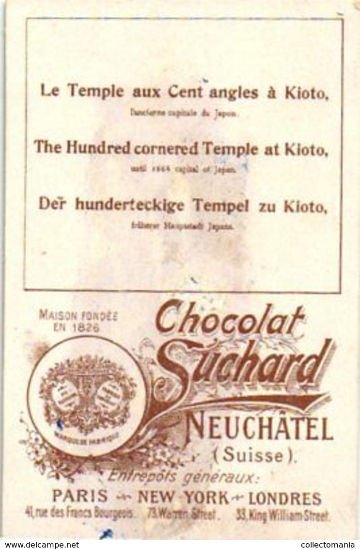 12 chromo litho cards chocolate SUCHARD set74 c1899 Litho Monuments of Antiquity; Boedha Kamekura, Pagode ning-po