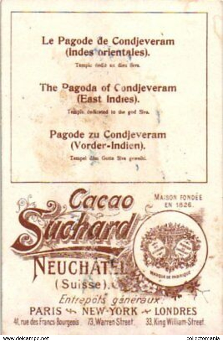 12 chromo litho cards chocolate SUCHARD set74 c1899 Litho Monuments of Antiquity; Boedha Kamekura, Pagode ning-po