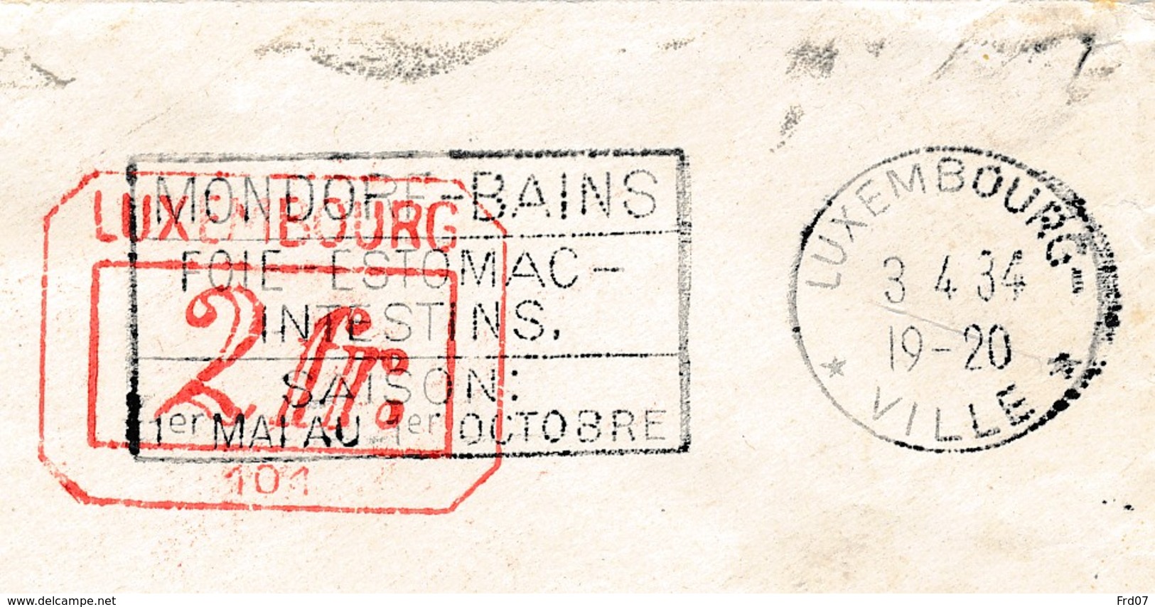 L. Luxembourg 3.4.34 - EMA 2Fr & Flamme Mondorf - Franking Machines (EMA)