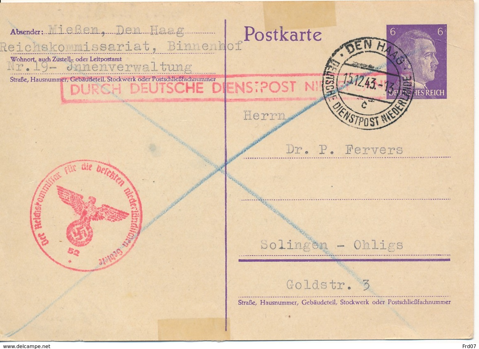 Duits Postwaardestuk Den Haag 15.12.43 – Deutsche Dienst-post Niederlande - Poststempels/ Marcofilie