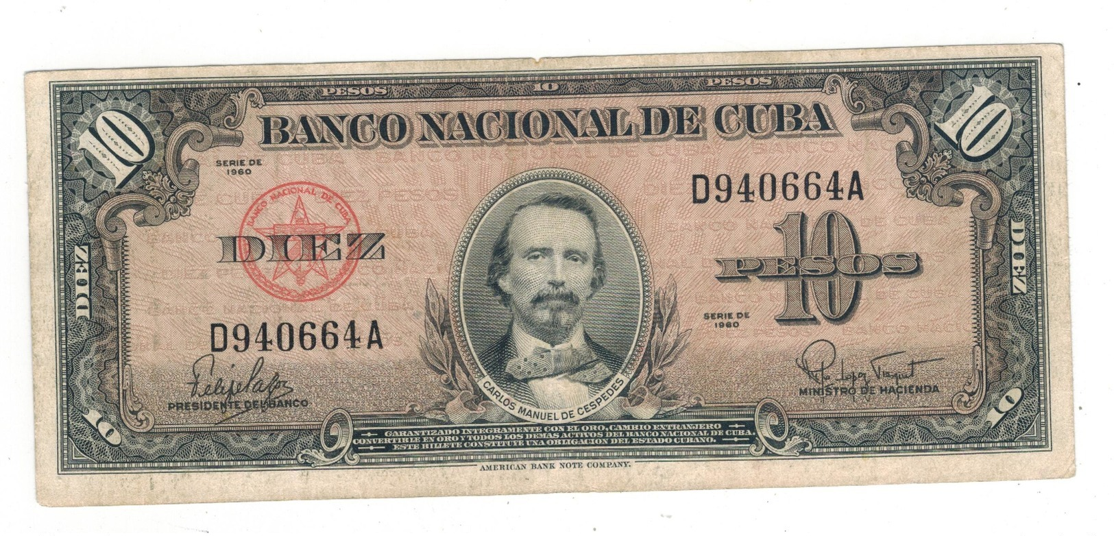 Cuba 10 Pesos 1960,  ABNC, VF. - Cuba