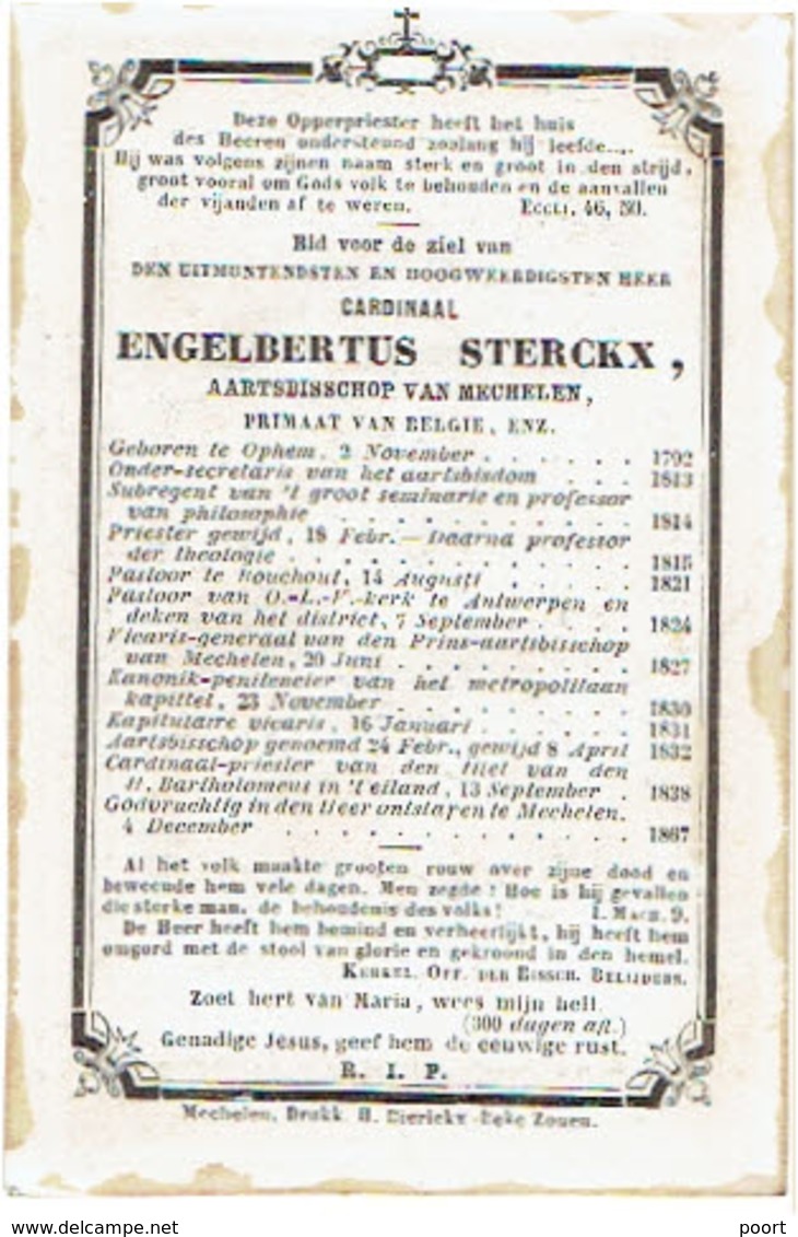OPPEM / BOECHOUT / MECHELEN - Kardinaal STERCKX Engelb., Aartsbisschop - °1792 En Overleden 1867 - Images Religieuses