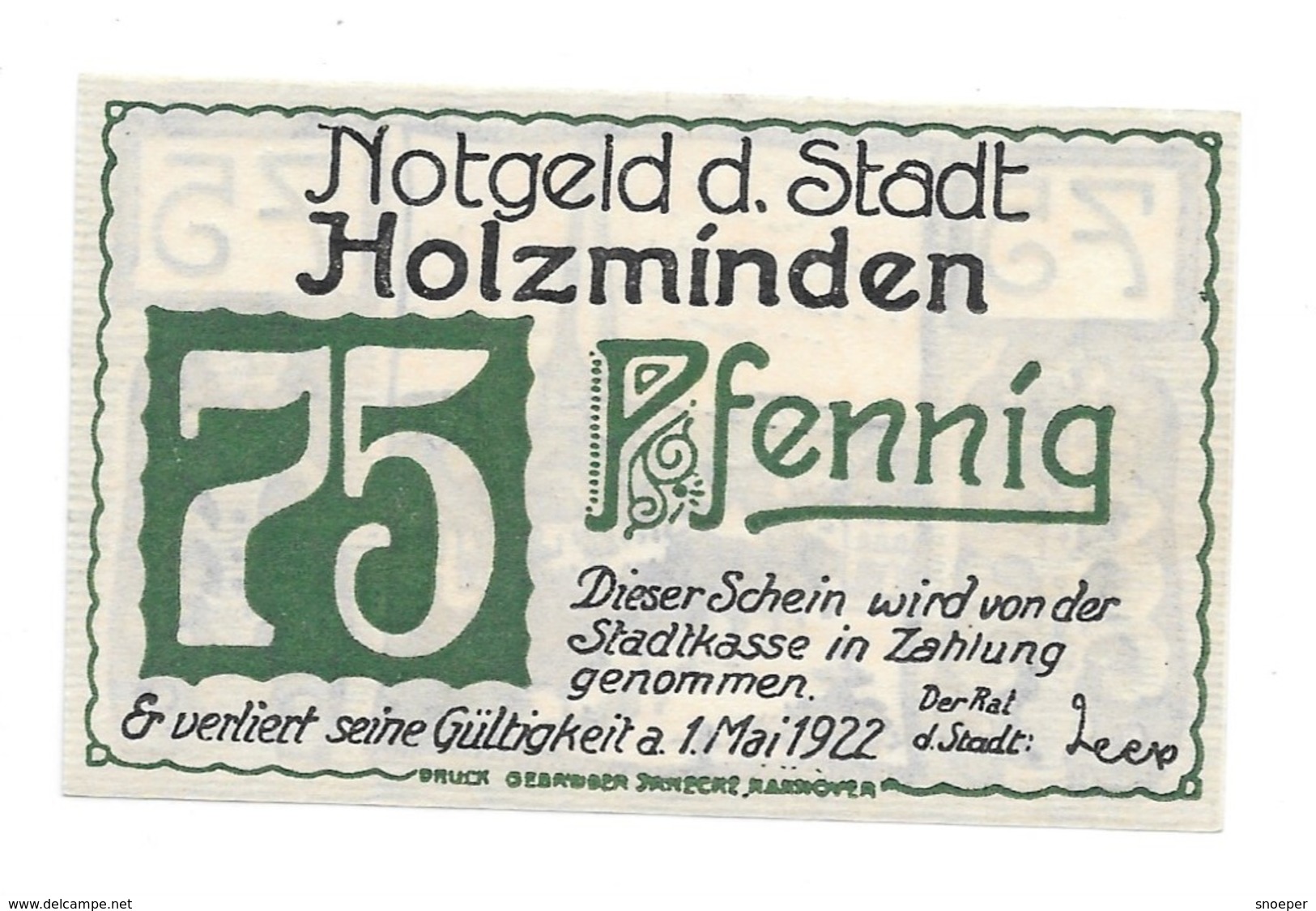 Notgeld Holzminden 75 Pfennig     ND(1921)     625.1 - [11] Emissions Locales