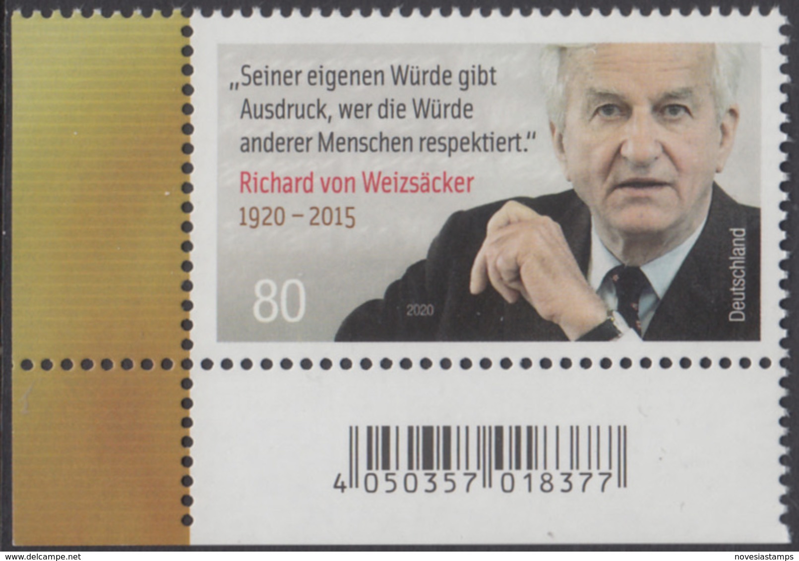 !a! GERMANY 2020 Mi. 3539 MNH SINGLE From Lower Left Corner - Richard Von Weizsäcker, Federal President - Ongebruikt