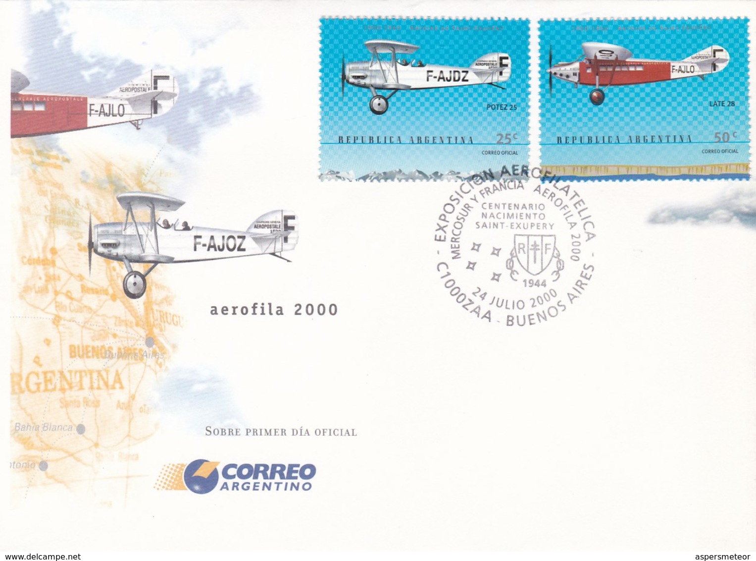 EXPOSICION AEROFILATELICA, MERCOSUR -  FRANCIA. CENTENARIO ANTOINE DE SAINT-EXUPERY, AEROFILA 2000. ARGENTINA FDC -LILHU - Aerei