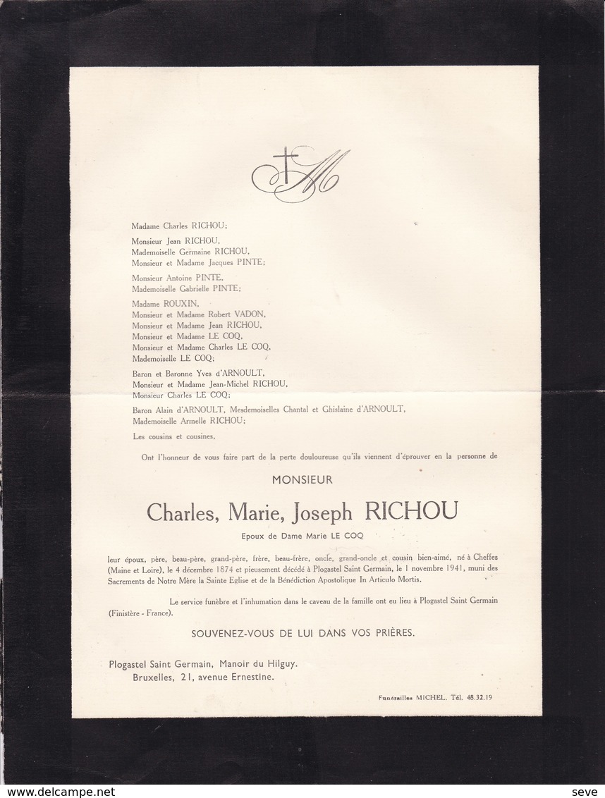 CHELLES PLOGASTEL SAINT GERMAIN Charles RICHOU époux LE COQ 1874-1941 Famille PINTE Et D'ARNOULT - Décès