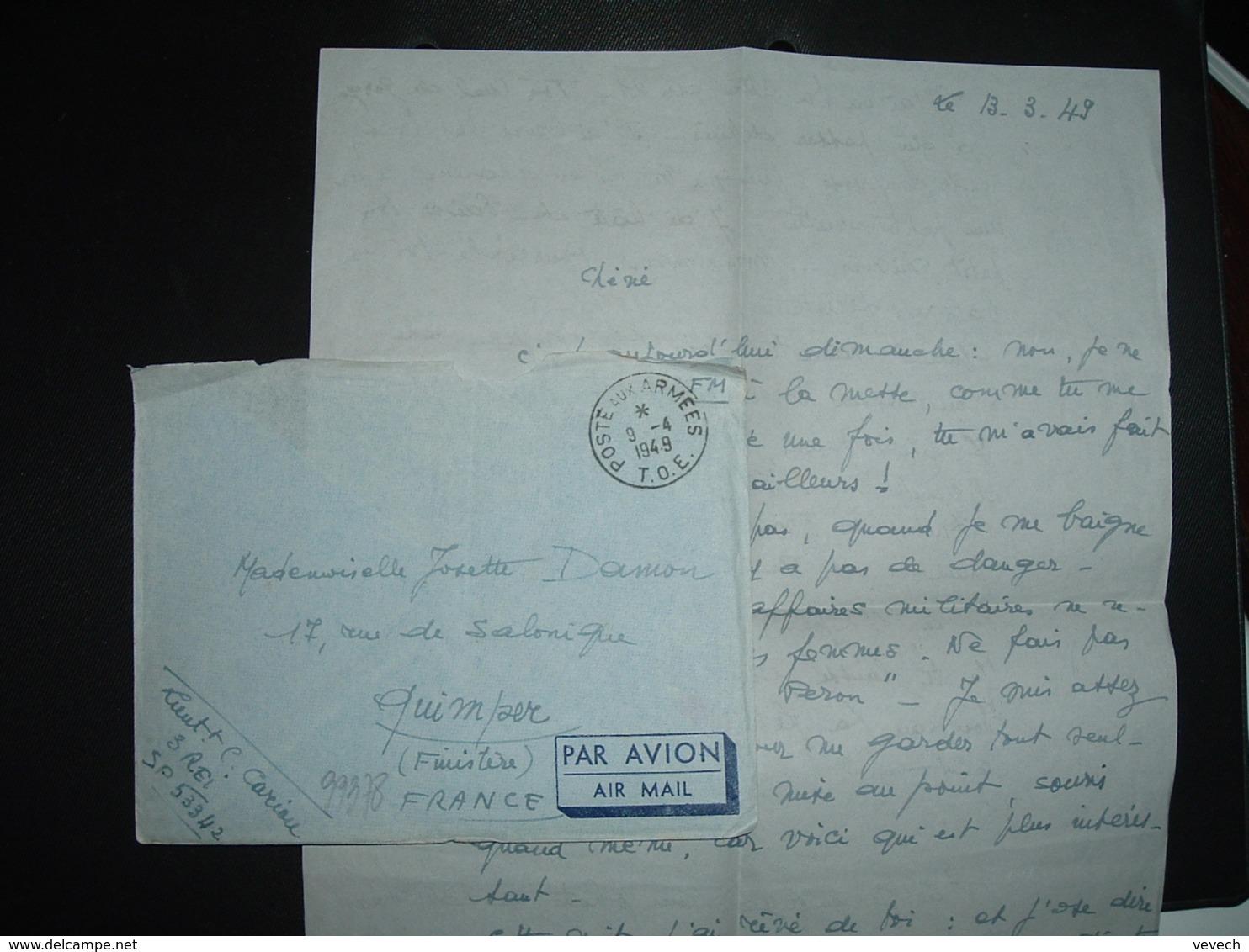 LETTRE En FM OBL.9-4 1949 POSTE AUX ARMEES T.O.E. + EXP: Lt CARIOU 3 REI SP 53 342 - Cachets Militaires A Partir De 1900 (hors Guerres)