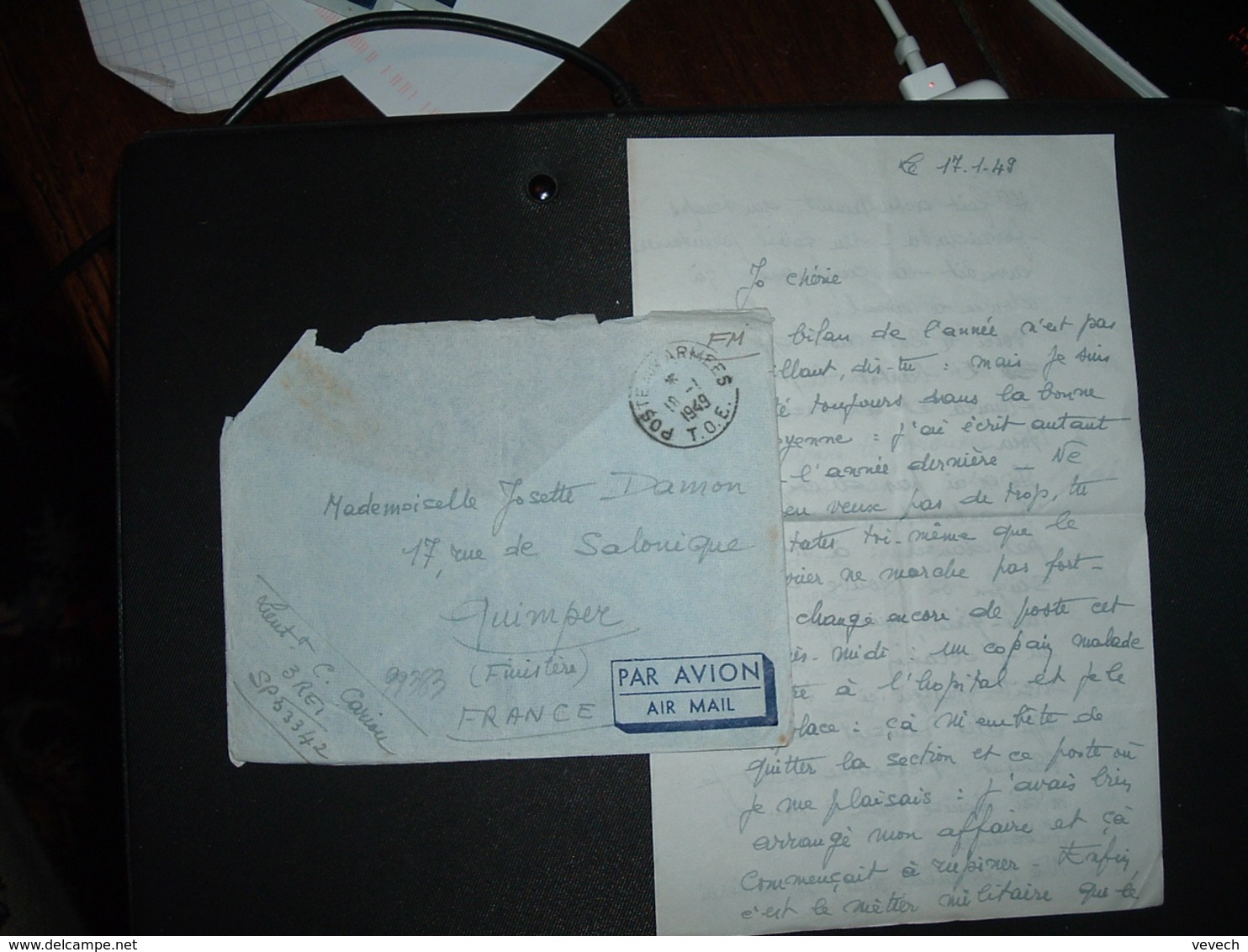 LETTRE En FM OBL.18-1 1949 POSTE AUX ARMEES T.O.E. Lt CARIOU 3 REI SP 53342 - Cachets Militaires A Partir De 1900 (hors Guerres)