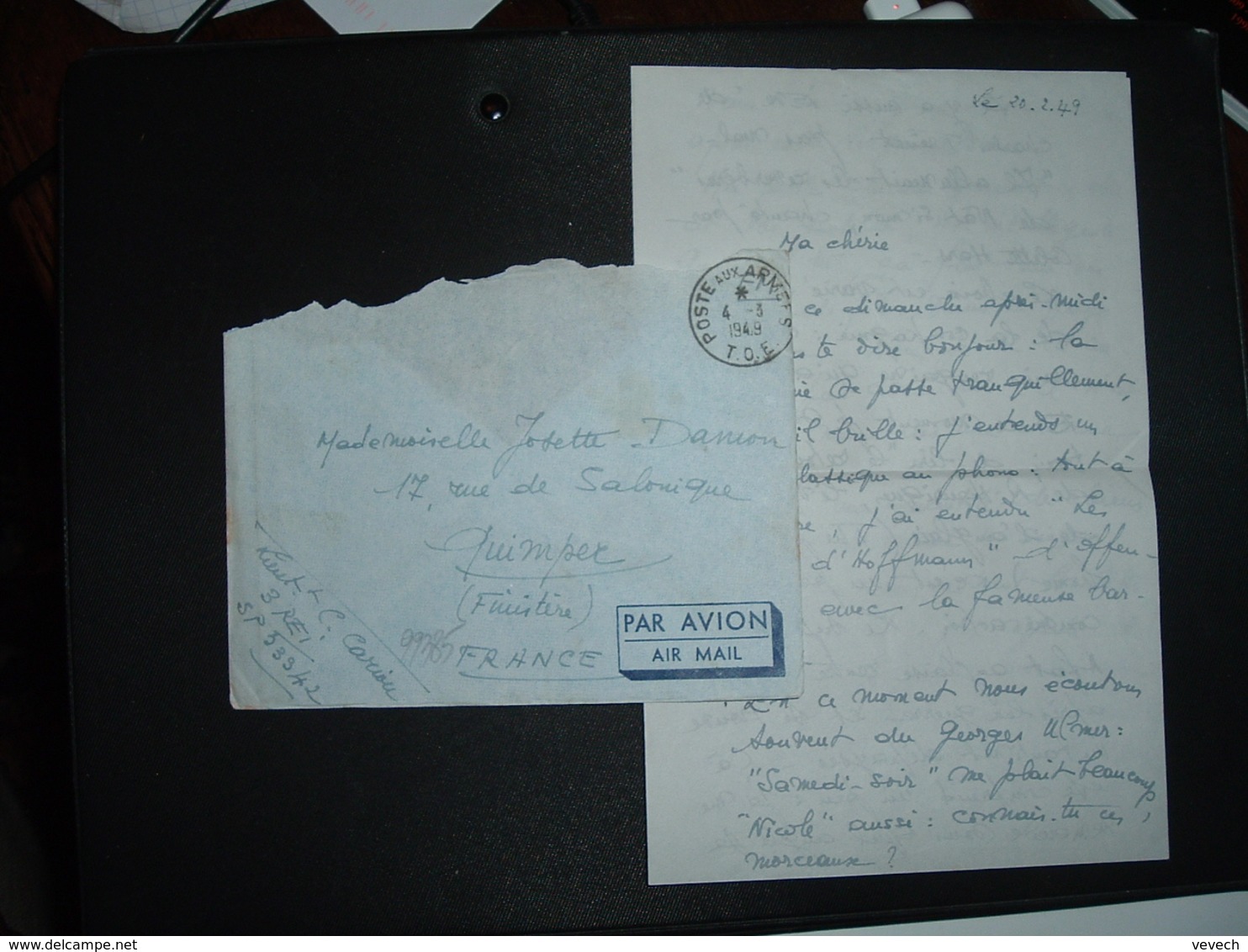 LETTRE En FM OBL.4-3 1949 POSTE AUX ARMEES T.O.E. Lt CARIOU 3 REI SP 53342 - Cachets Militaires A Partir De 1900 (hors Guerres)