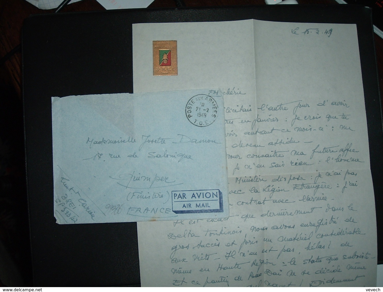 LETTRE En FM OBL.21-2 1949 POSTE AUX ARMEES T.O.E. Lt CARIOU 3 REI SP 53342 - Cachets Militaires A Partir De 1900 (hors Guerres)