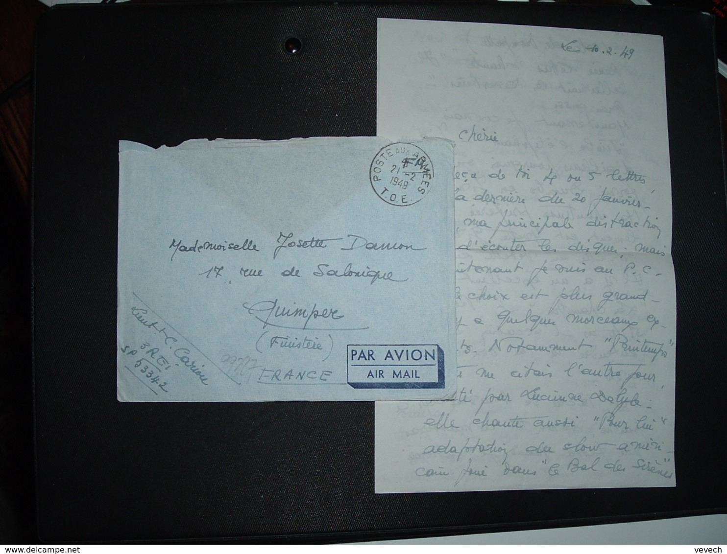 LETTRE En FM OBL.21-2 1949 POSTE AUX ARMEES T.O.E. Lt CARIOU 3 REI SP 53342 - Cachets Militaires A Partir De 1900 (hors Guerres)