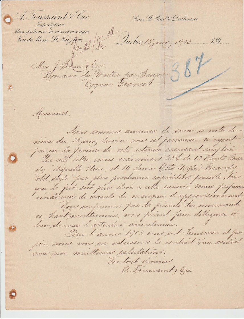 CANADA : A TOUSSAINT & Cie, Vins & Spiritueux Rue St Paul à Quebec / Lettre De 1903 Pour Cognac - Canada