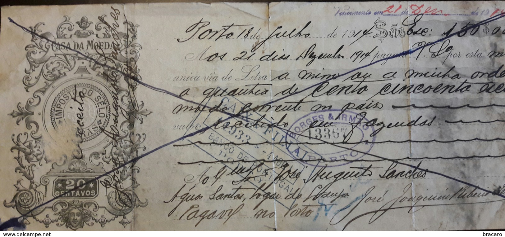 PORTUGAL - Bill Of Exchange / Letra De Câmbio - $20 - 1914 - CAIXA FILIAL DO BANCO DE PORTUGAL PORTO + BORGES & IRMÃO - Wechsel