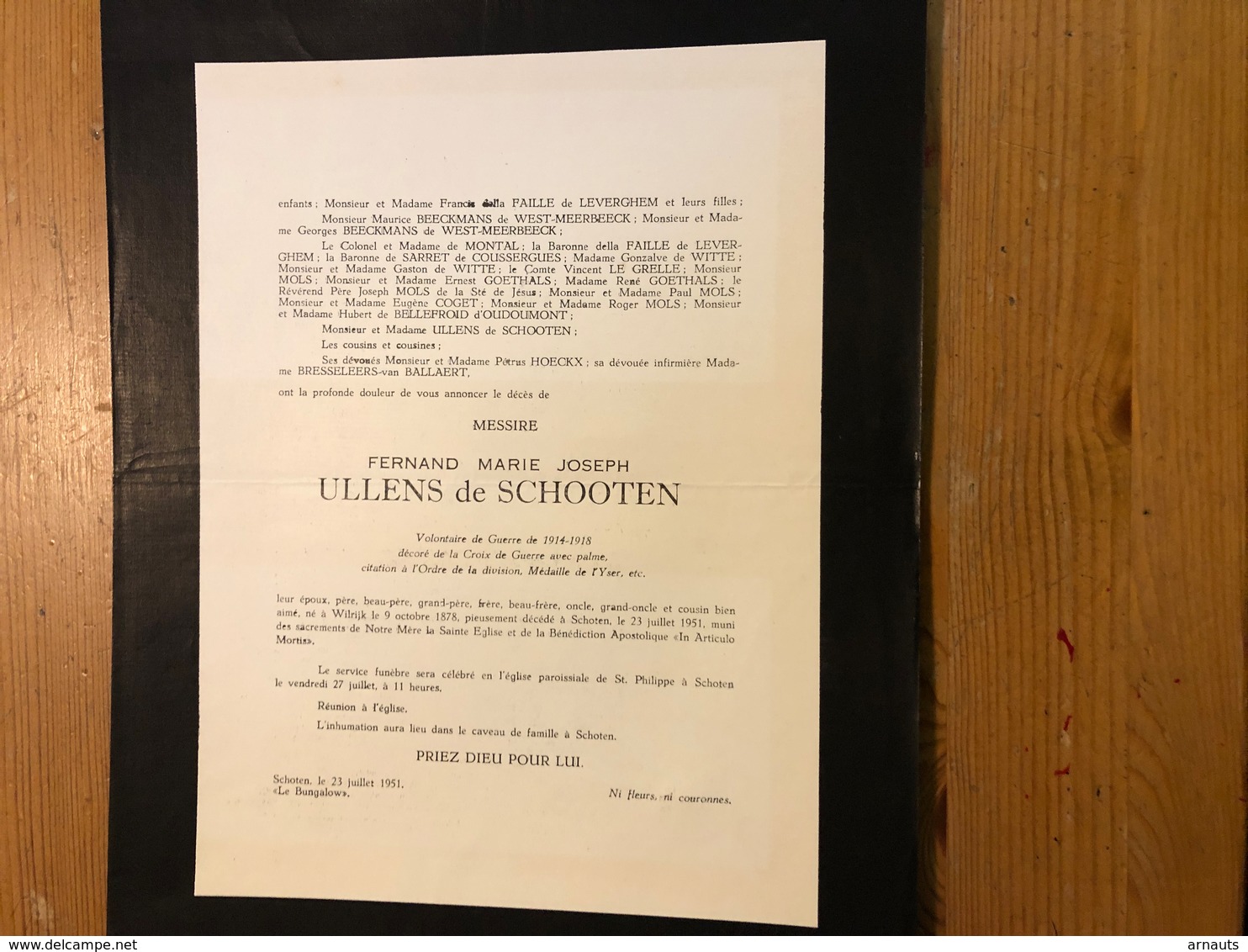 14-18 Fernand Ullens  De Schooten *1878 Wilrijk +1951 Anvers Schoten Le Grelle Massange De Collombs Vinck De Winnezeele - Décès